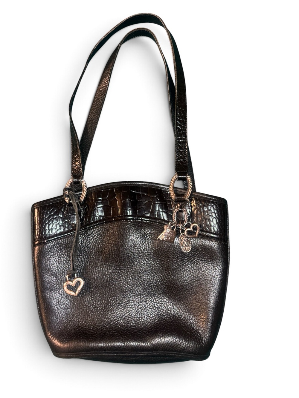 Brighton Black Pebbled Leather Shoulder Bag Moc Croc Trim Heart Charms